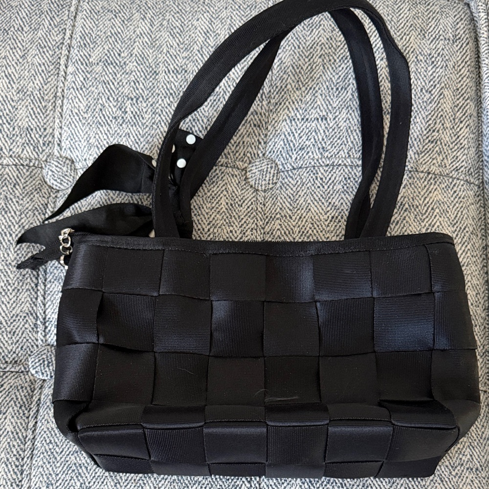 Black Woven Ribbon Tote with Polka Dot Bow - Picture 2 of 4